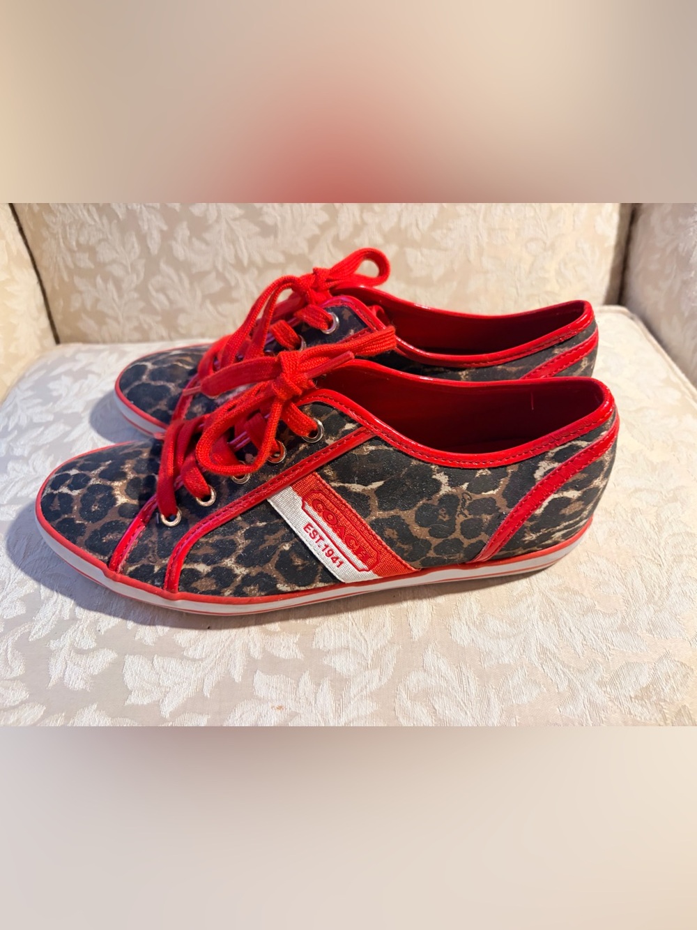 COACH Leopard-Print Sneakers with Red Trim